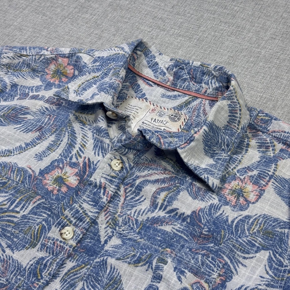 Fat Face Floral Hawaiian Aloha Button-Up Shirt‎ Mens S Blue Short Sleeve Cotton